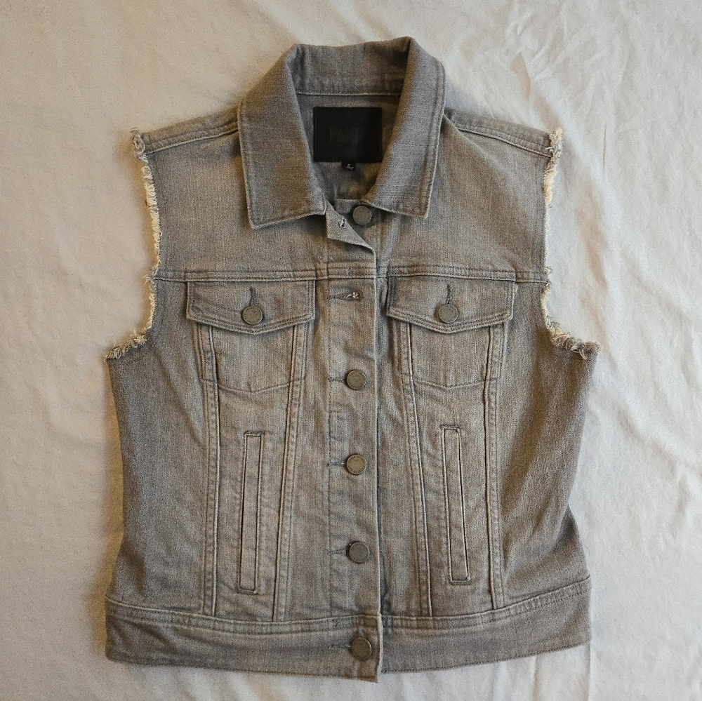 PAIGE Reagan Grey Washed Black Denim Trucker Vest Distressed Grunge Fall